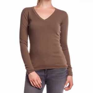 L Brown Knit Long Sleeve Designer V-Neck Top